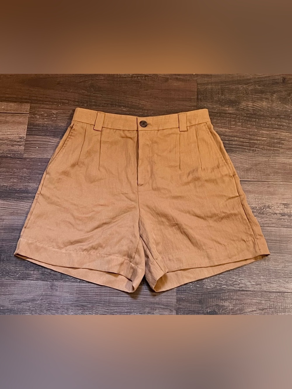High-Waist Tan Linen Blend Shorts